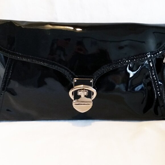 Karen Millen Black Patent Leather Clutch Bag-Leopard Print Interior & Hand Strap - Picture 2 of 14